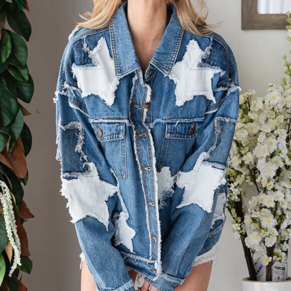 O&H Oversized Star Patchwork Denim Jean Jacket - Picture 1 of 10